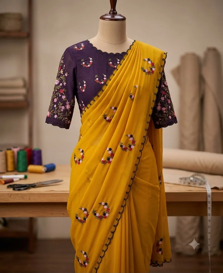 Georgette Floral Embroidered Scallop Saree