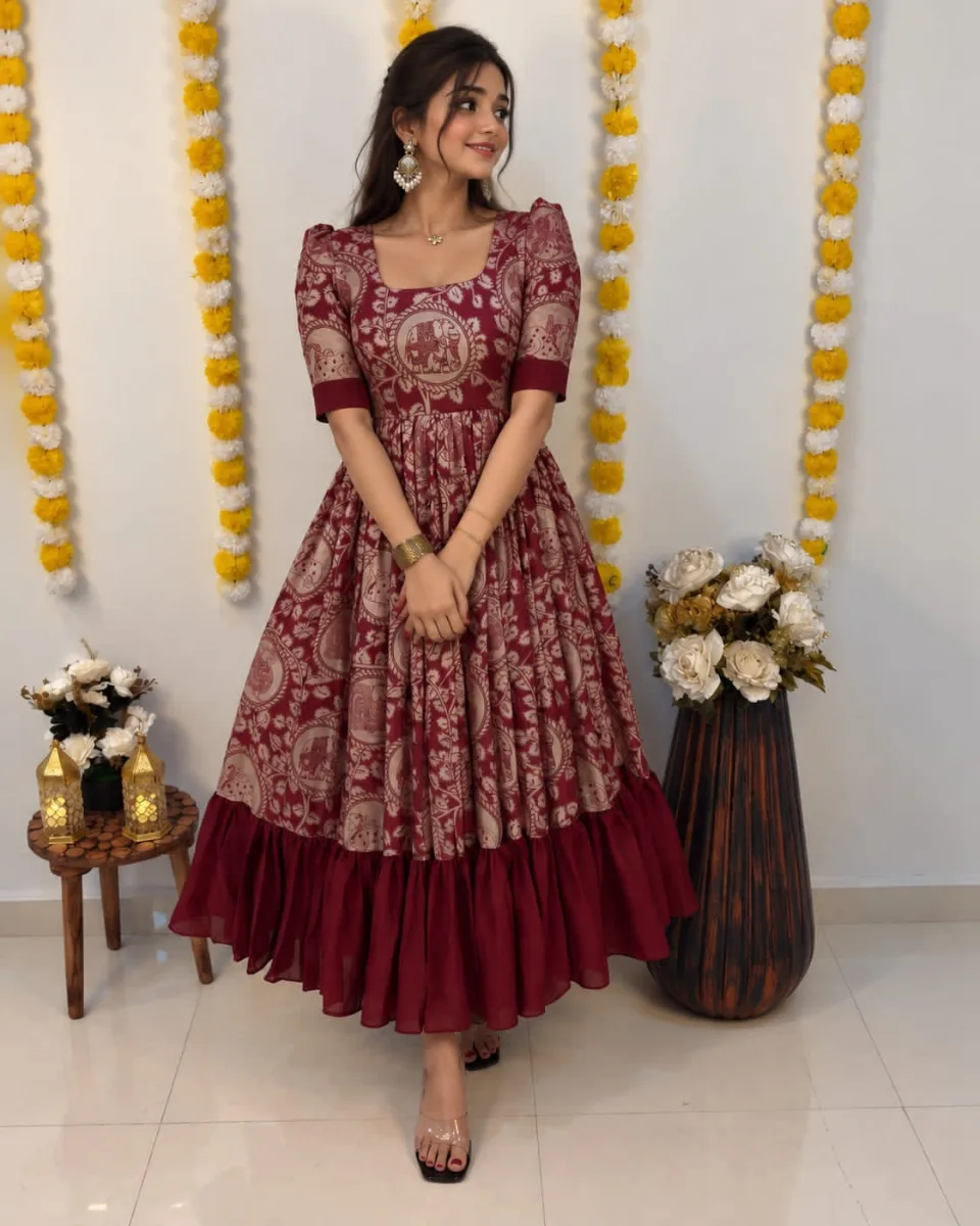 Kalamkari Vichithra Silk Floral Frock Dress