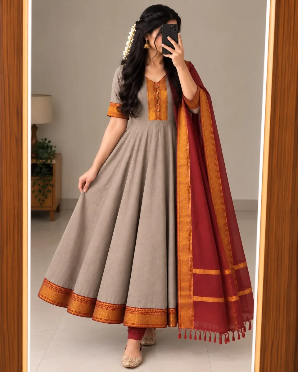 Mangalagiri Silk Cotton Anarkali Set with Zari Border Dupatta
